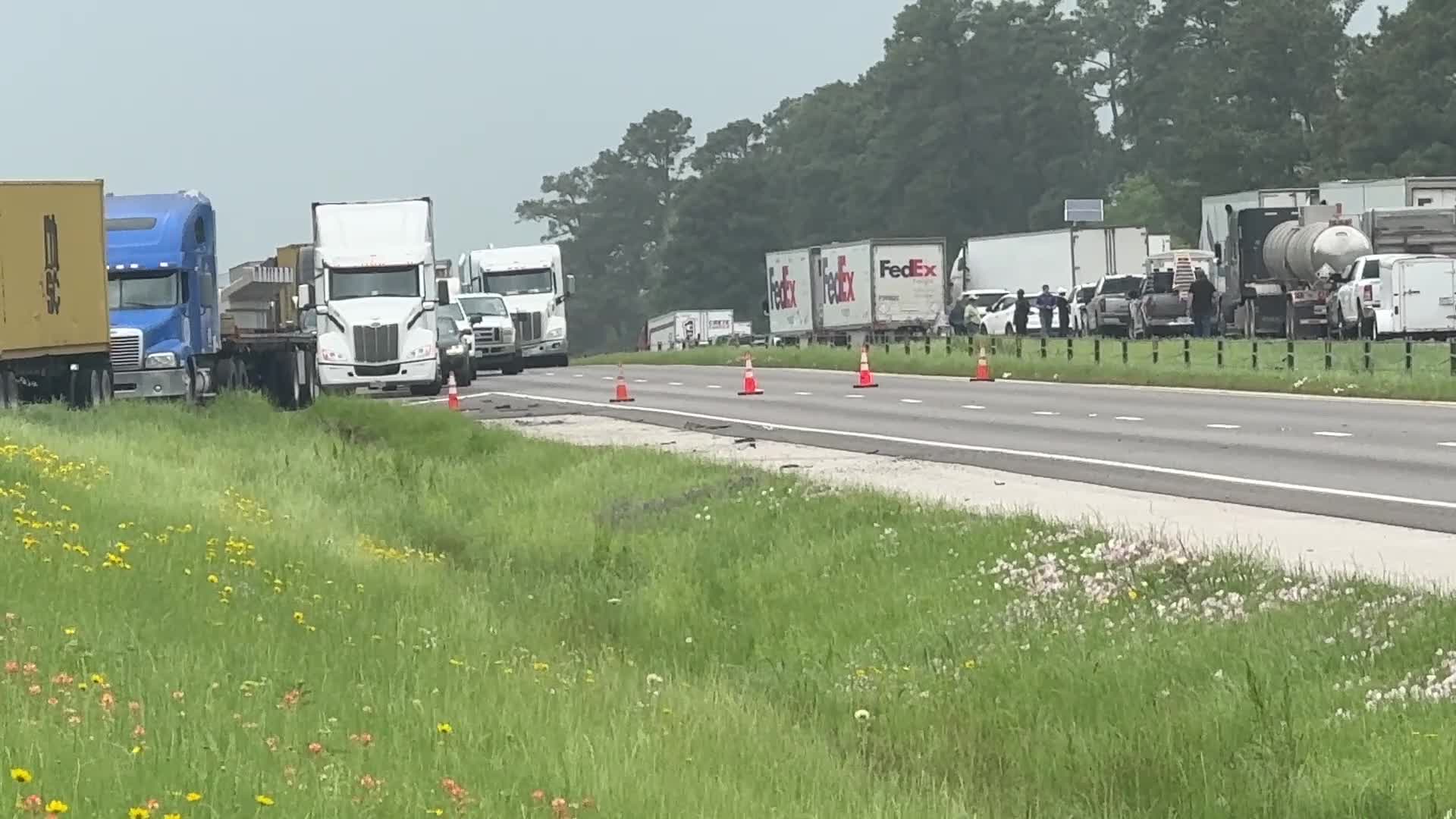 Traffic stoppage due to a crash involving an 18-wheeler on I-45 near Madisonville