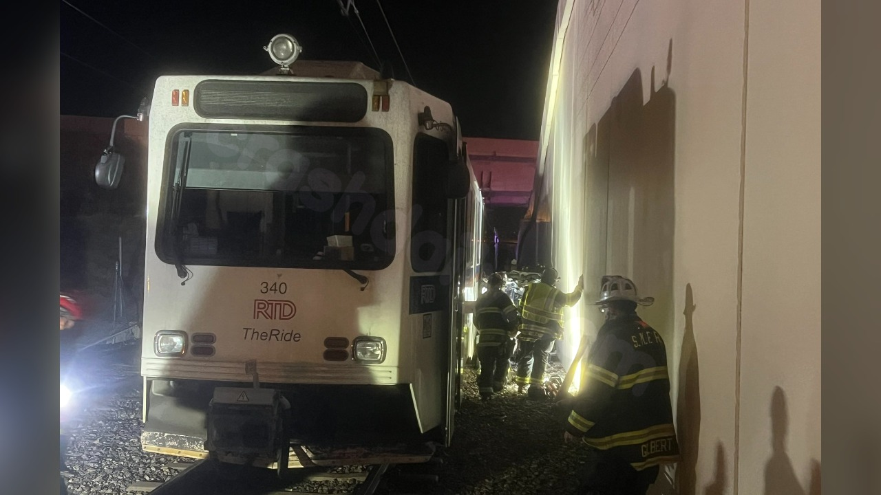 Fatal crash as car falls from overpass and collides with light rail in Lone Tree