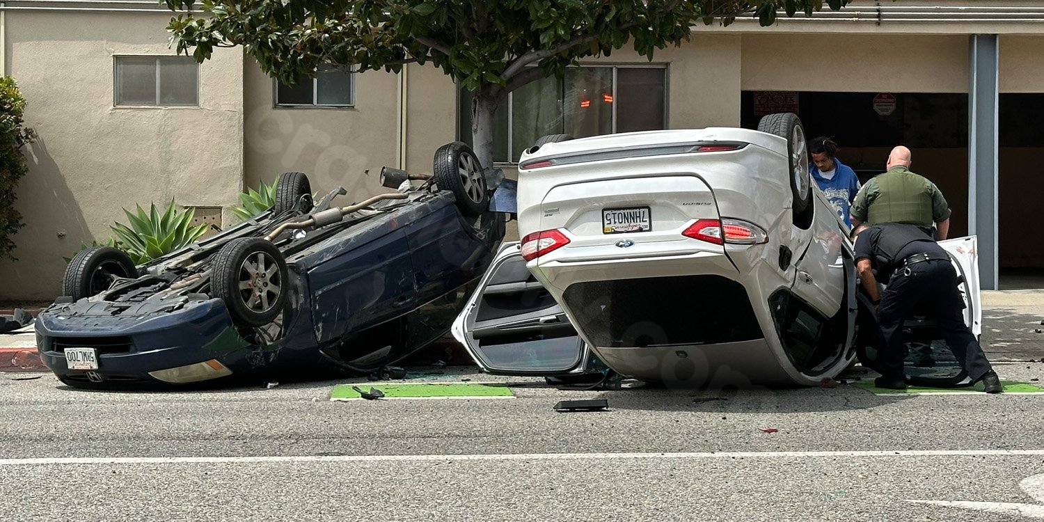 Traffic accident leads to two overturned cars at 9th and Broadway.