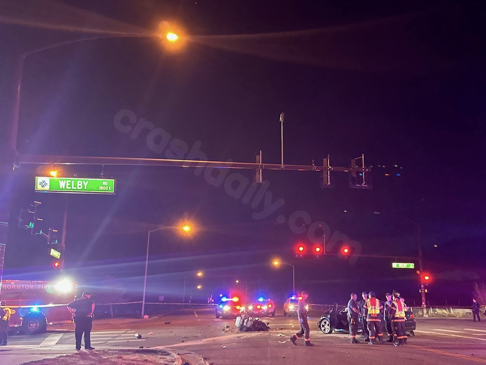 Intersection closed, 2 transported after motorcycle, vehicle crash in Thornton