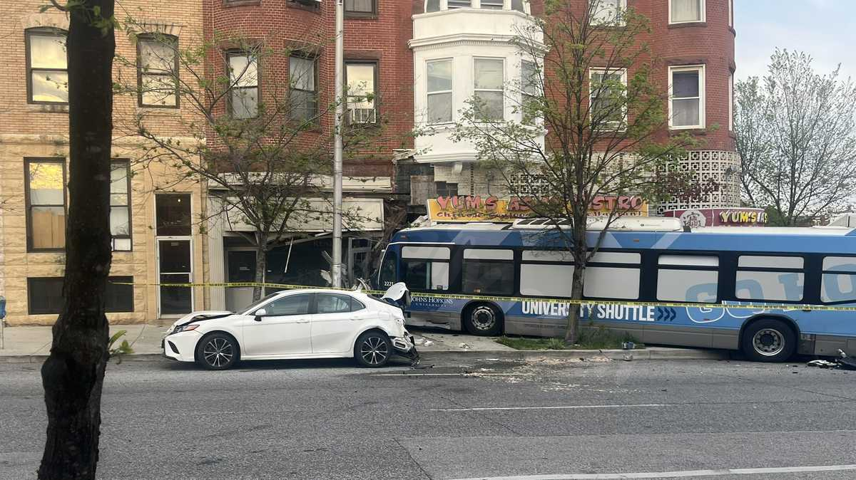 Johns Hopkins shuttle bus crashes into building in multi-car crash, 9 taken to hospital