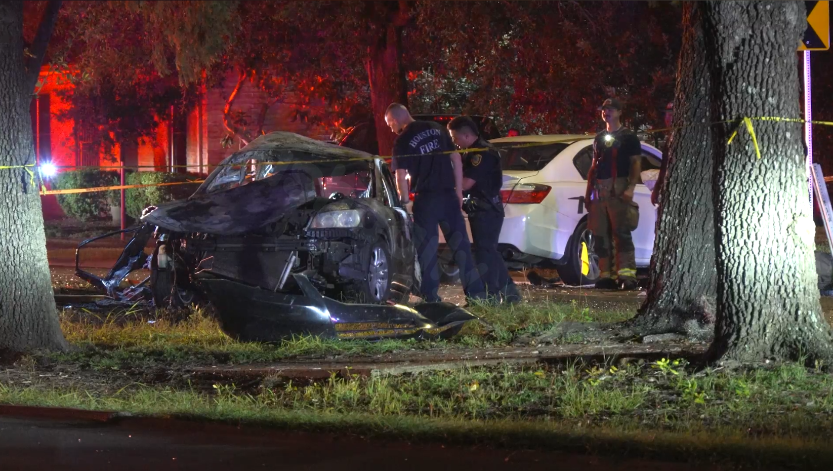Fatal crash in Houston as vehicle strikes tree and catches fire