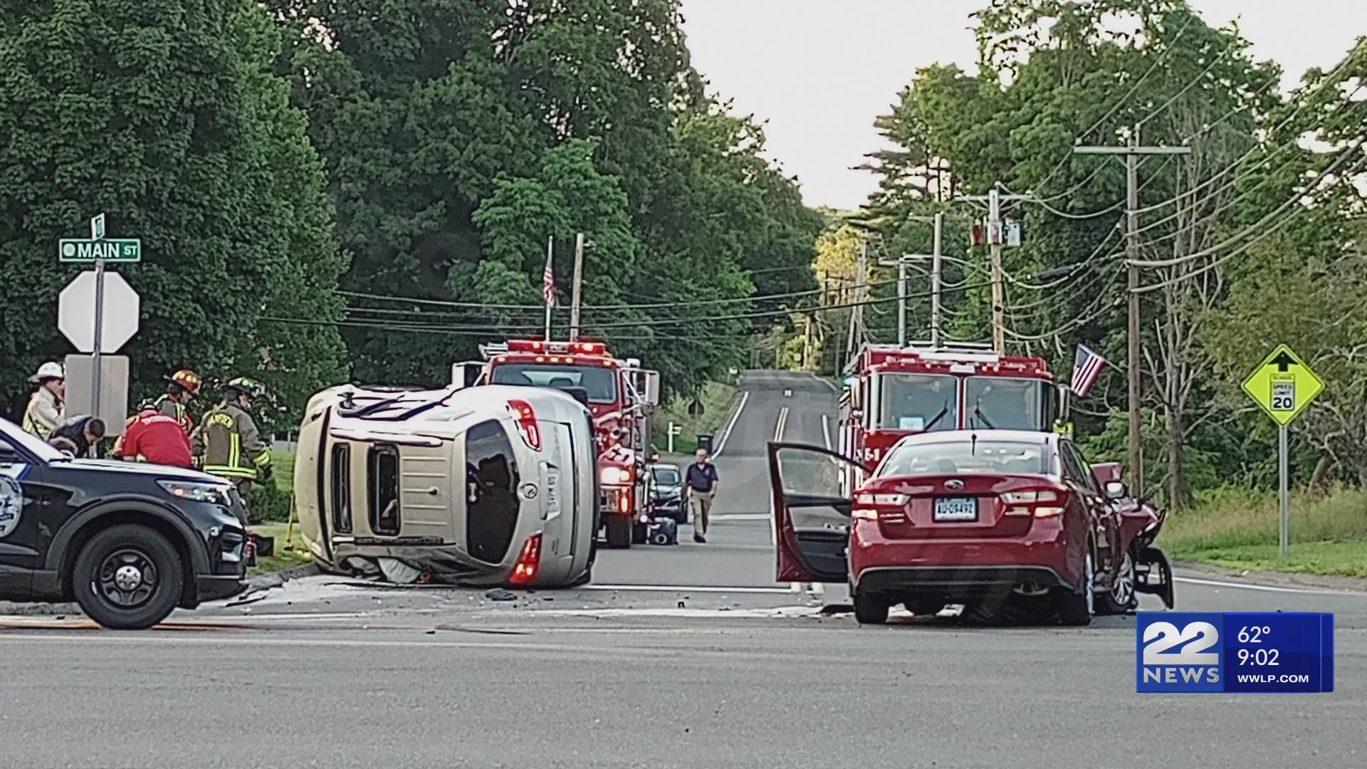 Three injured in rollover accident near Hampden Town Hall