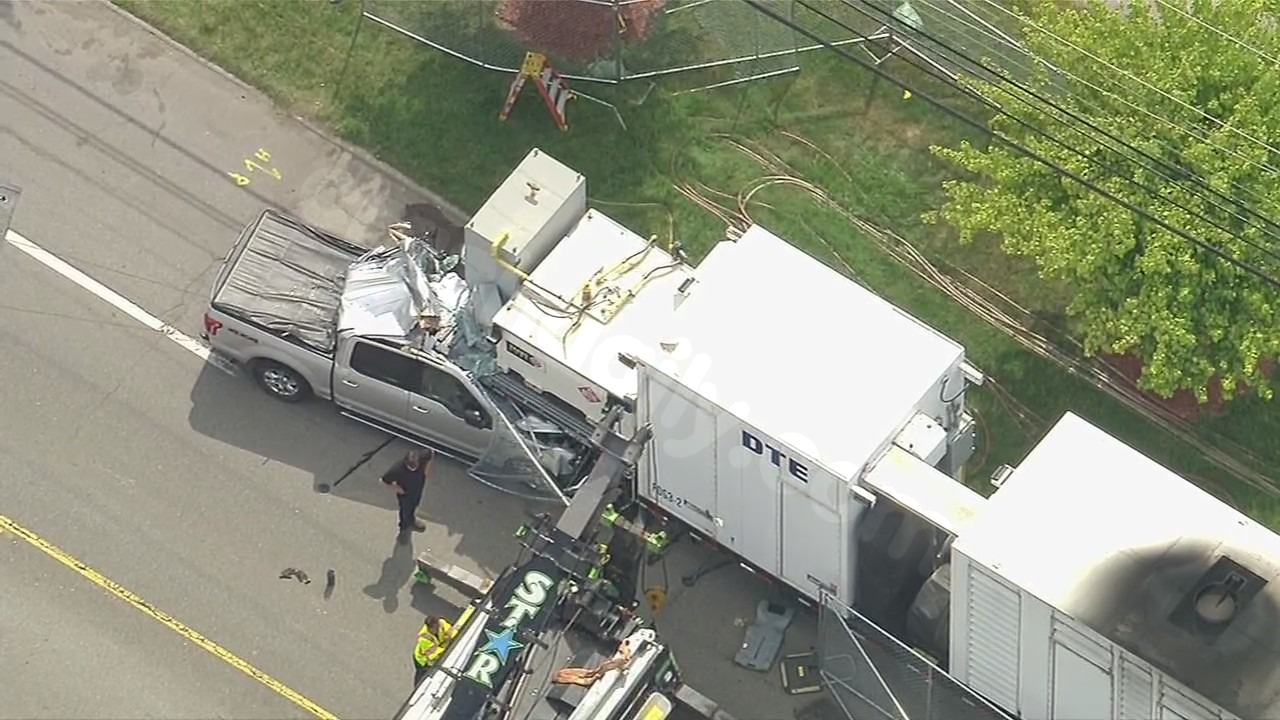 Three-car crash in Downriver - F-150 stuck beneath DTE generator trailer
