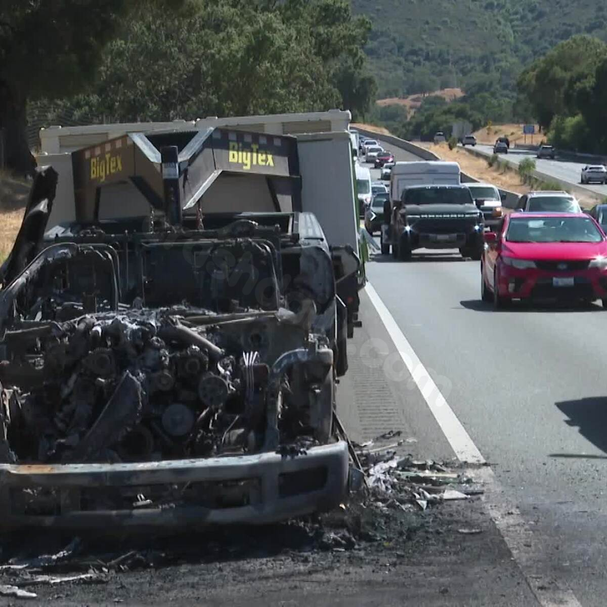 Vehicle fire causes lane closure and traffic congestion on Highway 101 near Cuesta Grade.