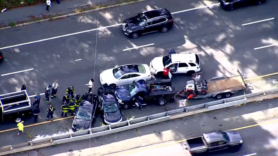 Route 1 crash in Saugus involving 9 cars, including MSP cruiser.