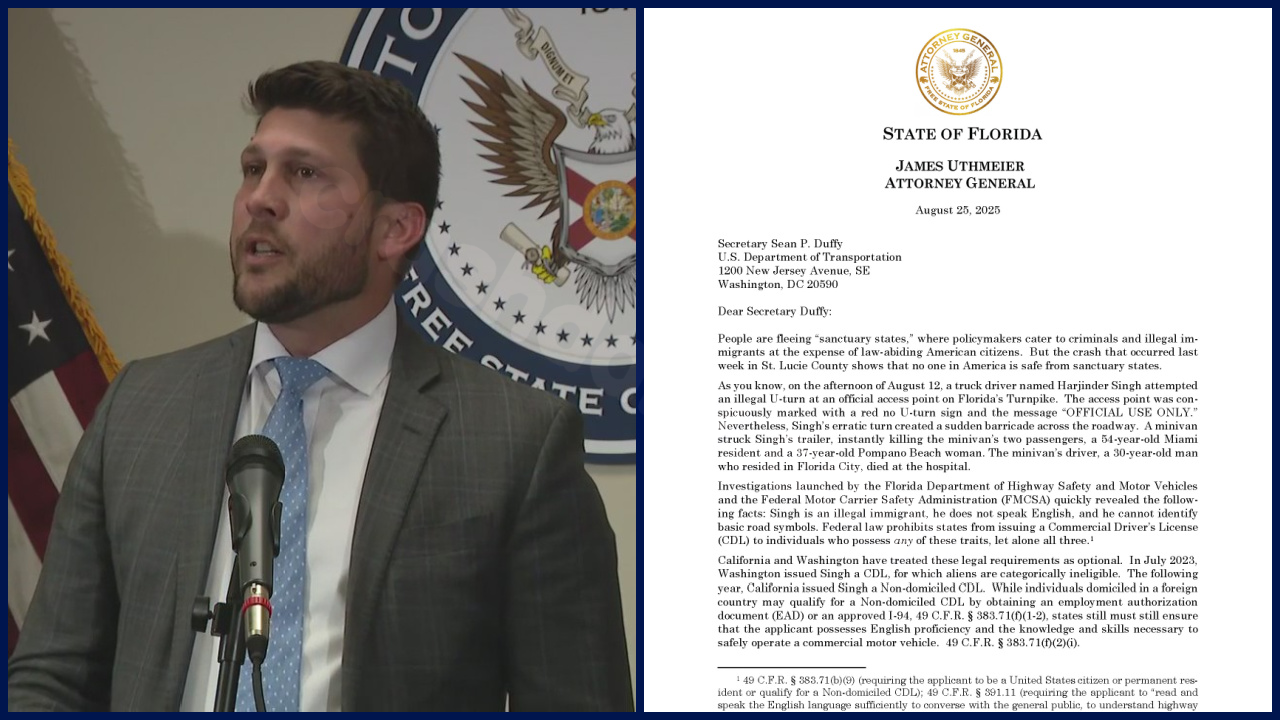 Florida Attorney General plans to tighten immigration rules for truckers in California and Washington following fatal collision.