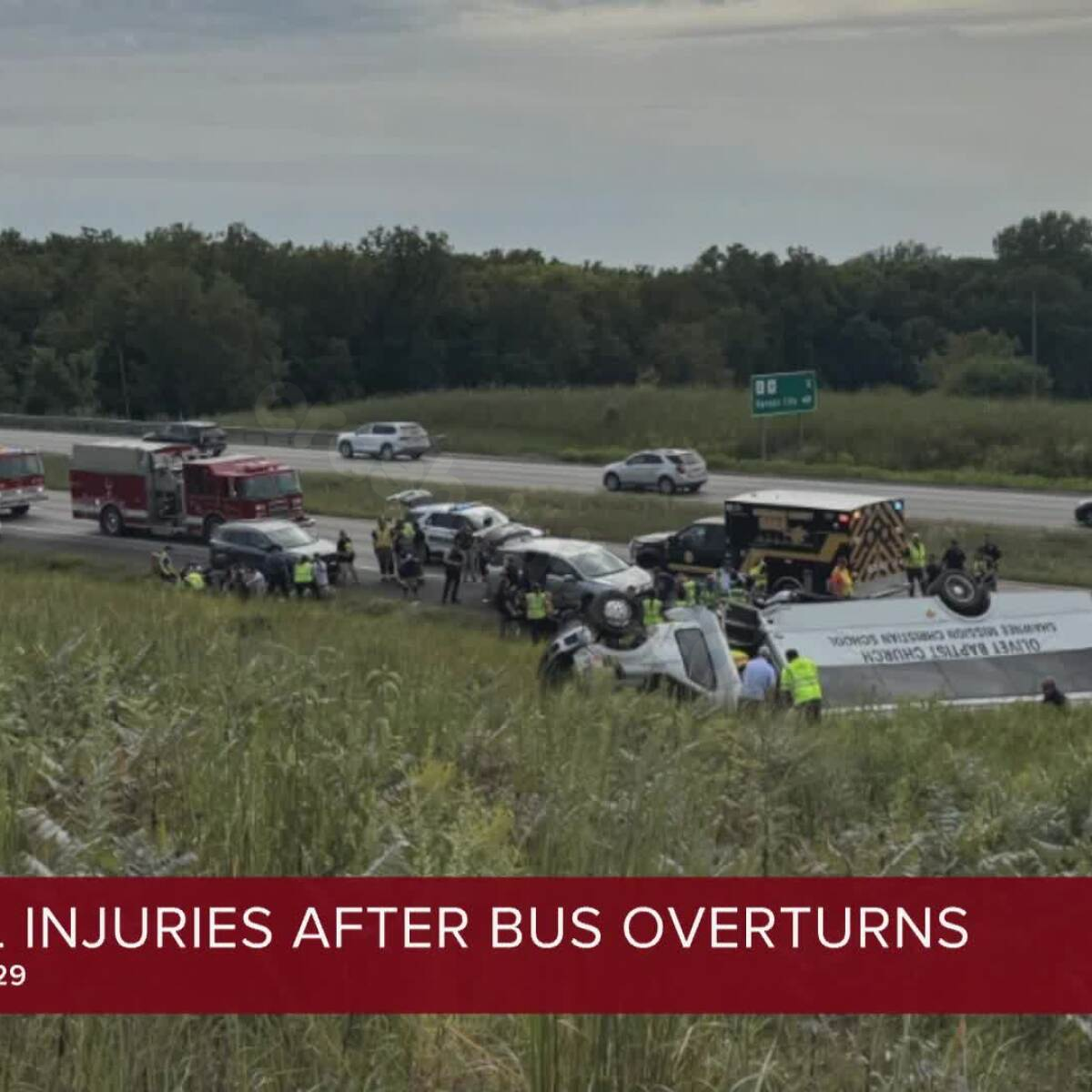 Students injured in church school bus accident on I-29 near Kansas City.
