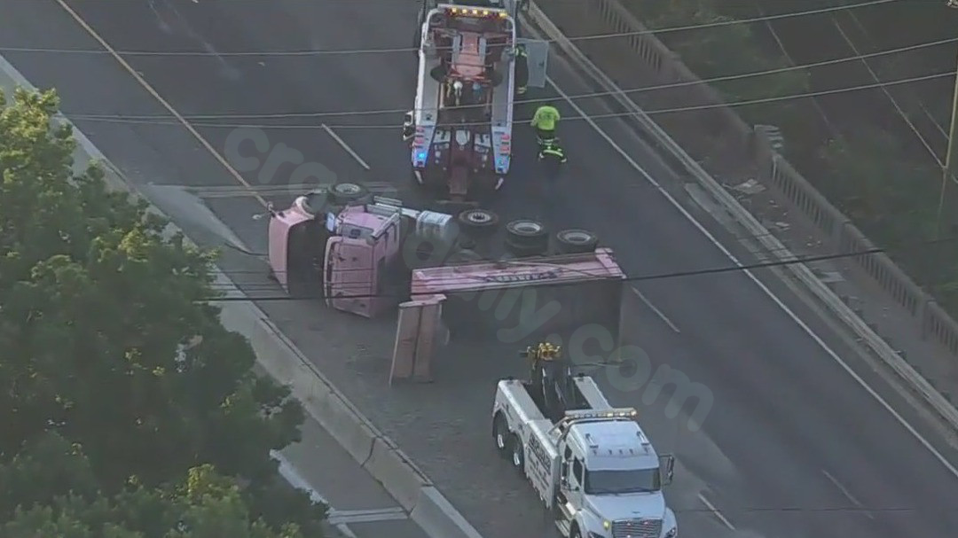 Delays on NJ Route 3 due to overturned dump truck, closure of eastbound lanes.