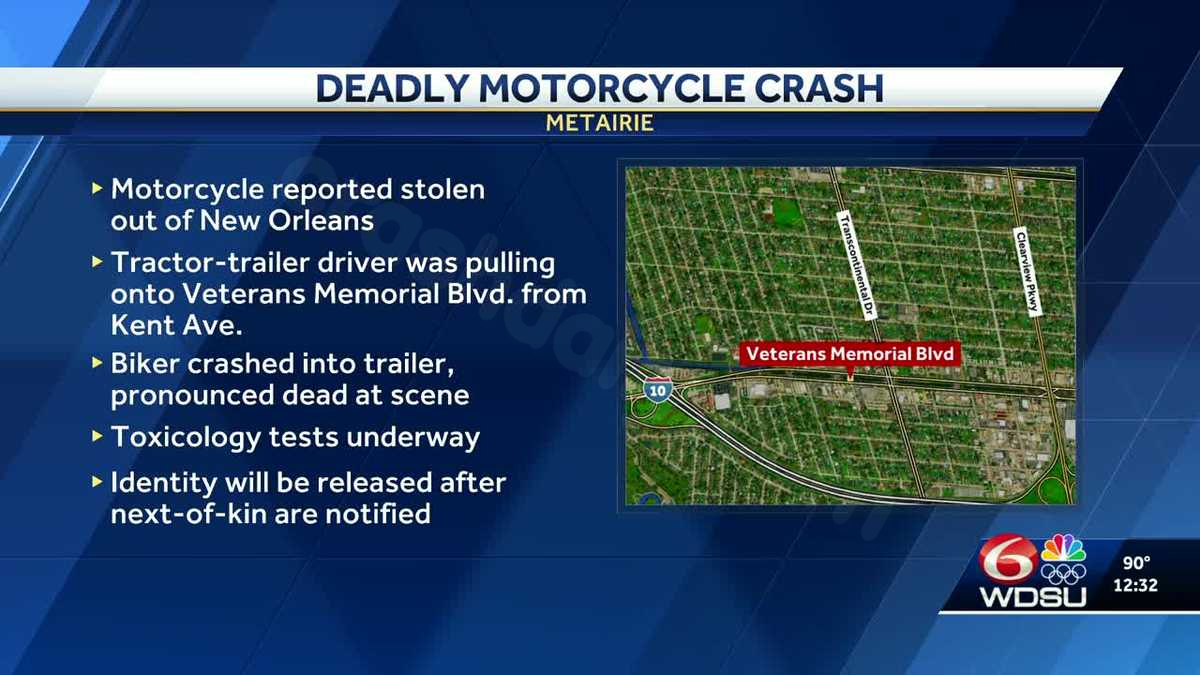 Fatal collision in Metairie involving stolen motorcycle and tractor trailer, according to JPSO