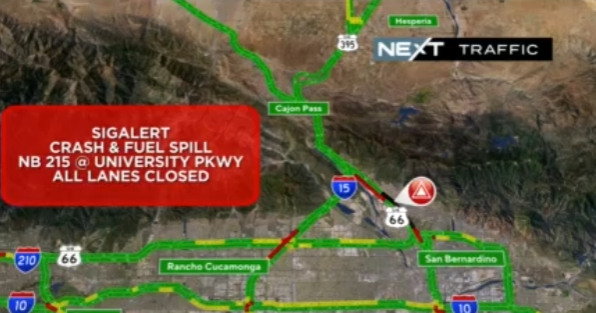 Closure of northbound 215 Freeway in San Bernardino due to crash and fuel spill.