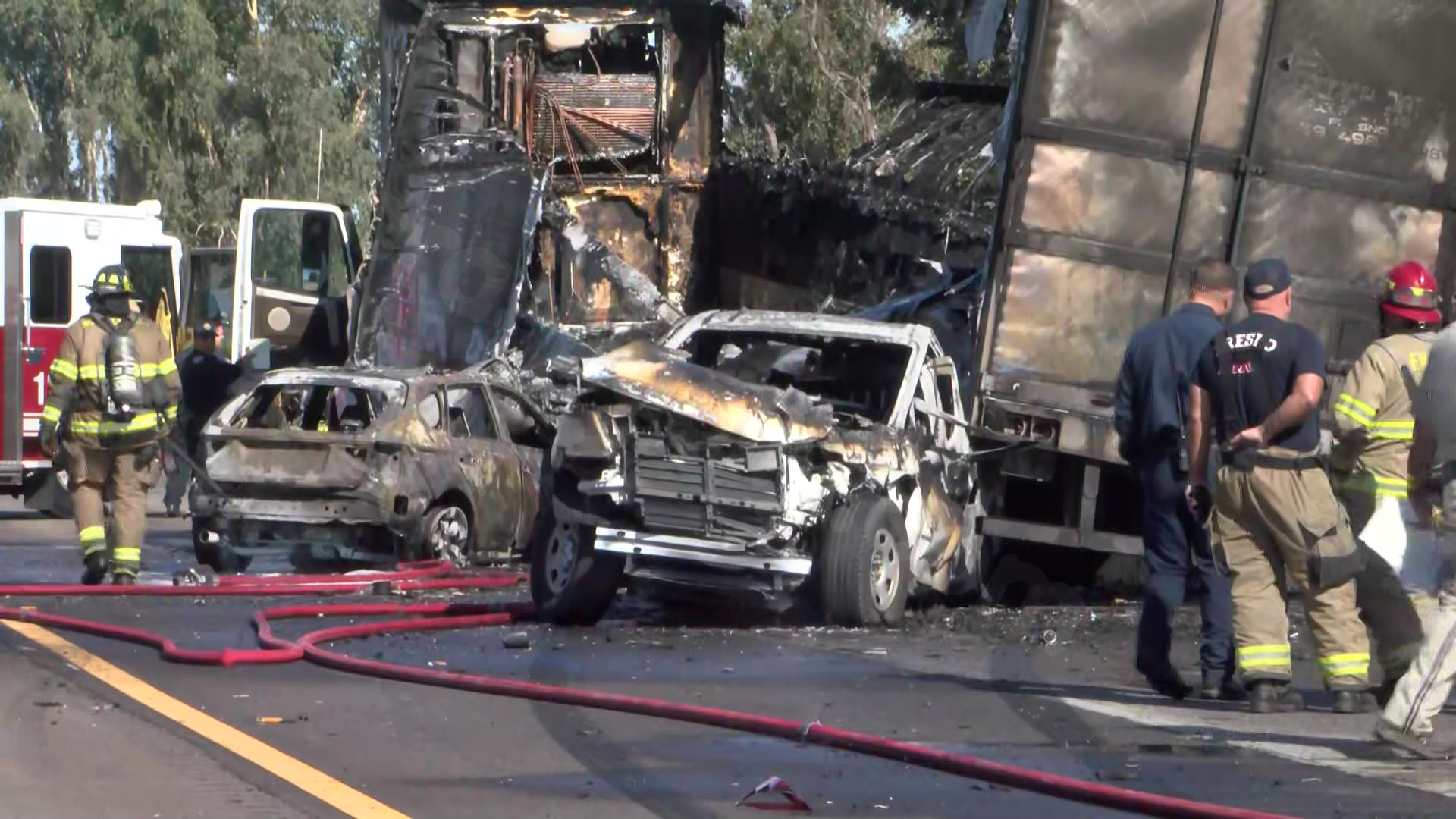 Three cars collide and ignite on Fresno freeway