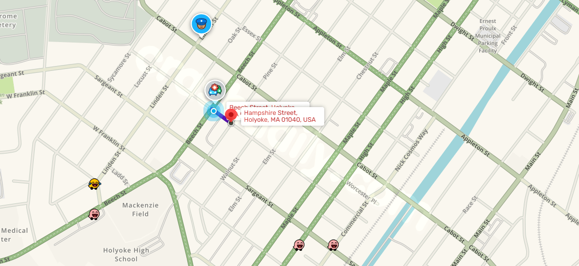 Warning about Holyoke intersection due to reported car crash
