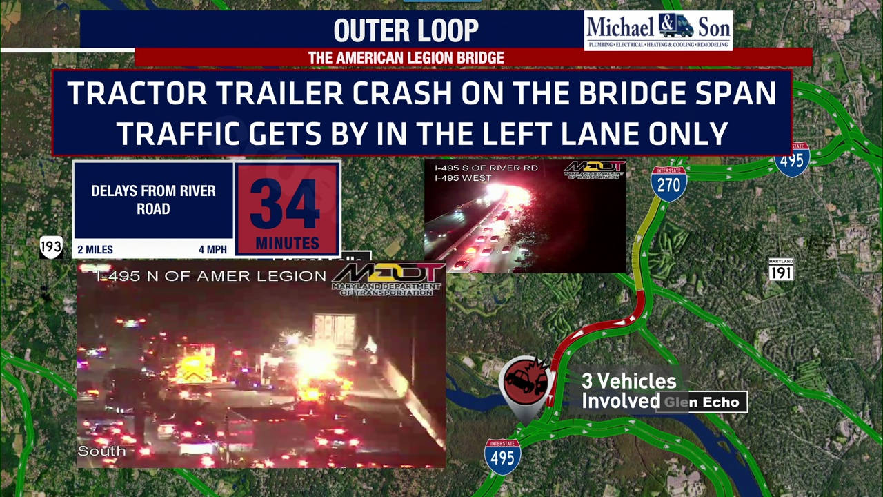 Traffic delays caused by tractor-trailer crash on American Legion Bridge