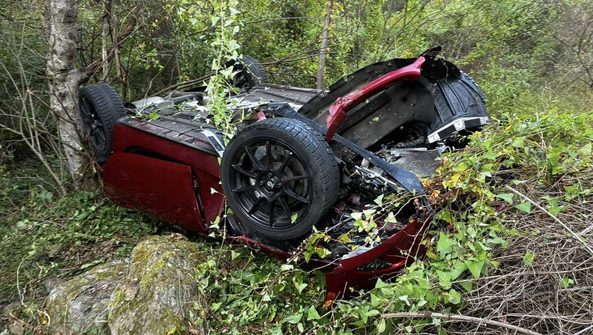 Driver hurt as car falls down steep slope, overturns in York County, PA.
