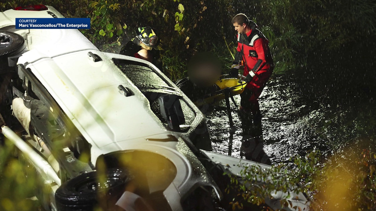 Man and dogs saved after truck plunges into Massachusetts river
