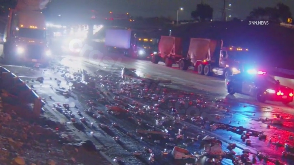 Multicar accident on 210 Freeway causes beer cans and kegs to scatter on westbound lanes