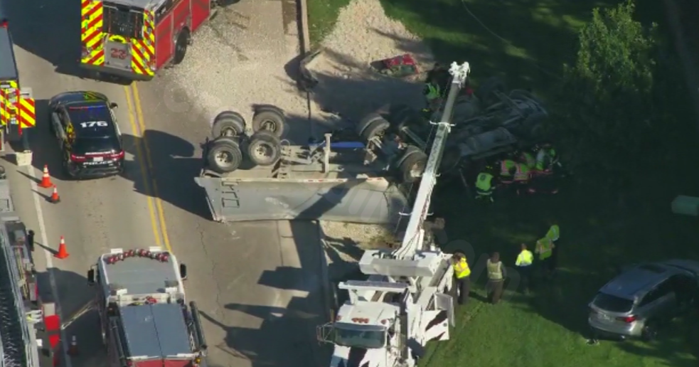 Driver rescued from overturned dump truck in Barrington, Illinois