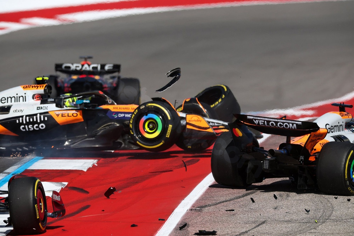 McLaren drivers collide in US GP sprint race kickoff.