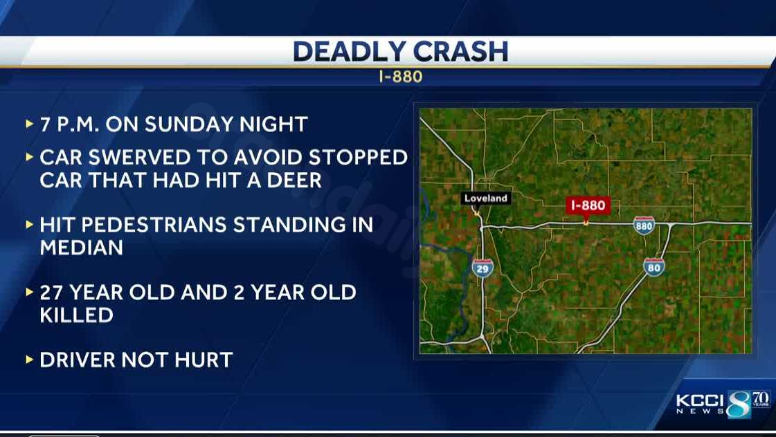 Fatal accident on highway involving adult, toddler in median hit by truck avoiding disabled car