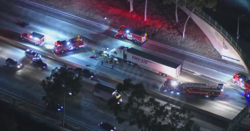 Southbound 5 Freeway in Boyle Heights closed due to big rig and motorcycle collision.