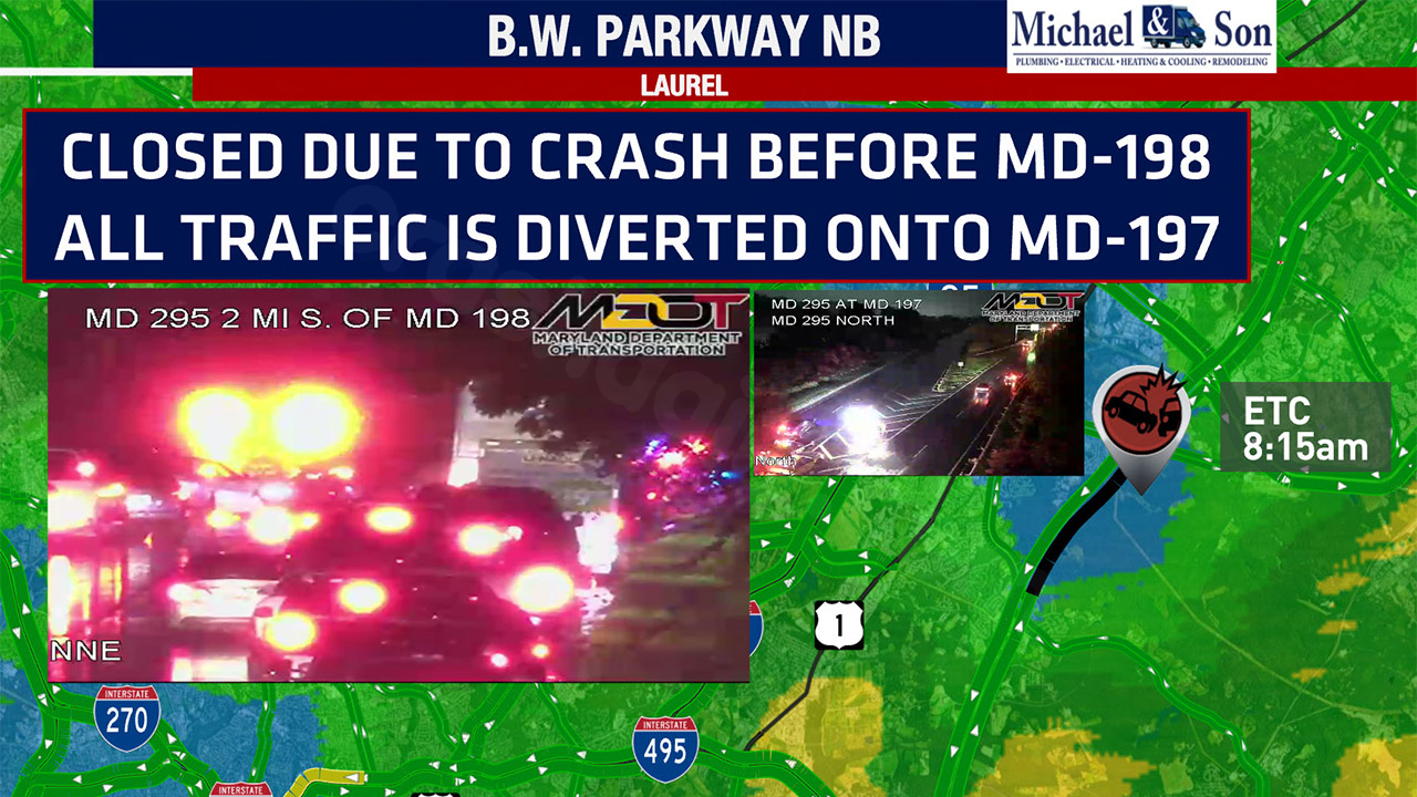 Storms disrupt morning commute on BW Parkway in Laurel causing delays.