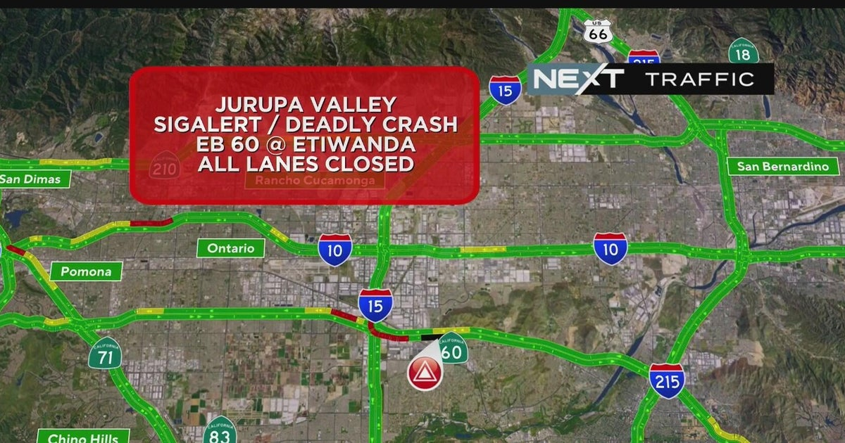 Fatal accident causes closure of multiple lanes on eastbound 60 Freeway in Jurupa Valley