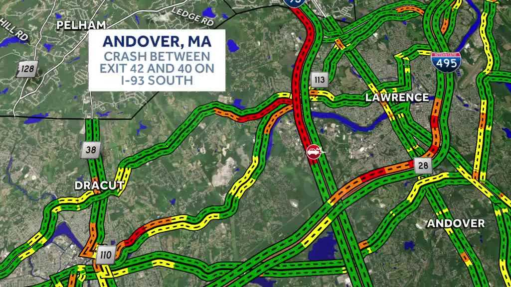 Traffic jam on I-93 South in northern Massachusetts causes delays