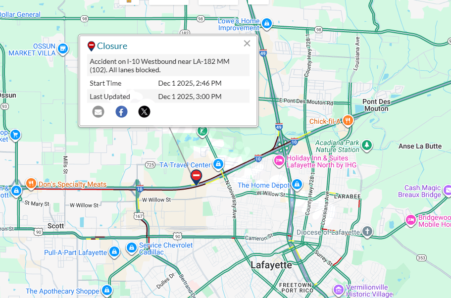 I-10 West at University Ave closed because of accident