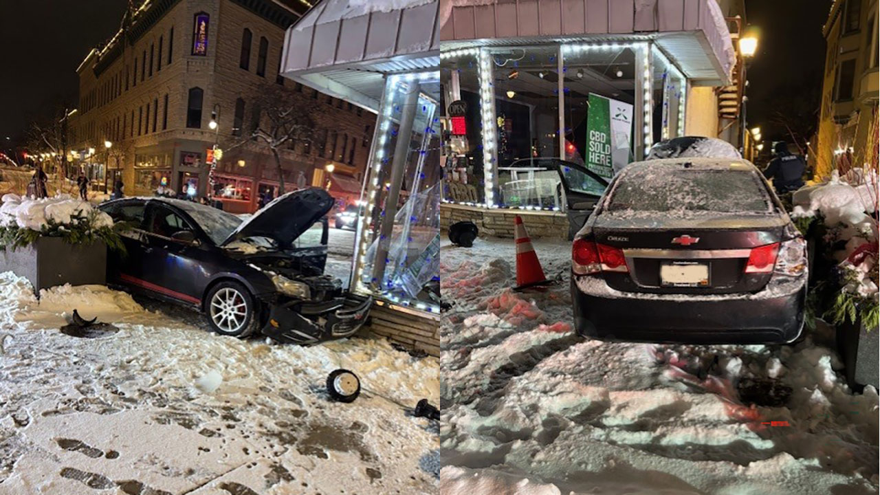 Vehicle collides with downtown business near Five Points