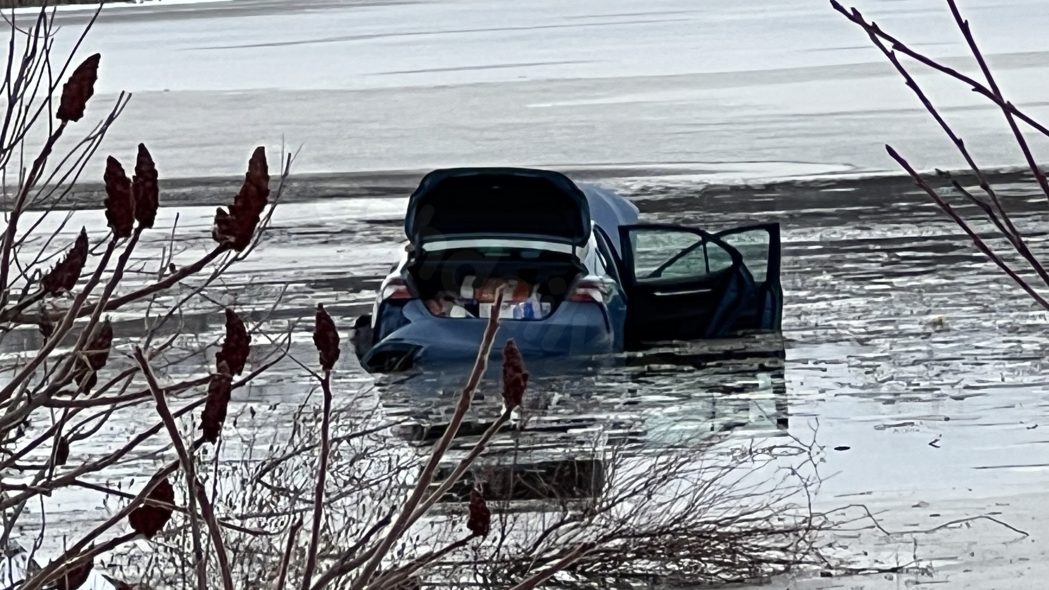 Driver saved after car plunges into Long Pond.