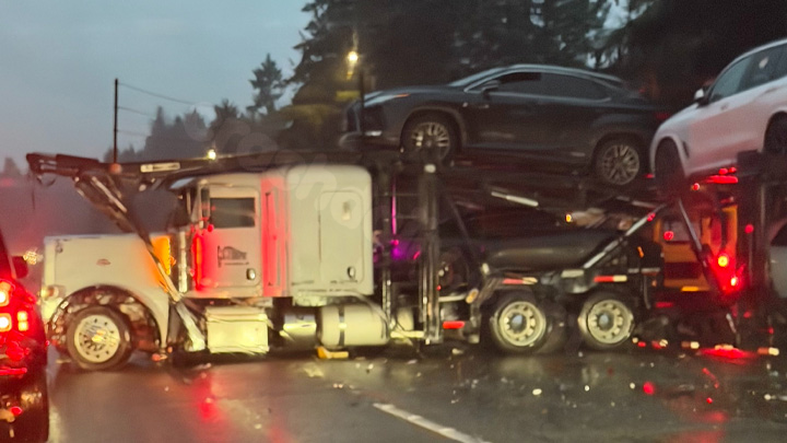 Traffic jam in Lacey, WA caused by multiple vehicle accident with semi-truck and school bus.