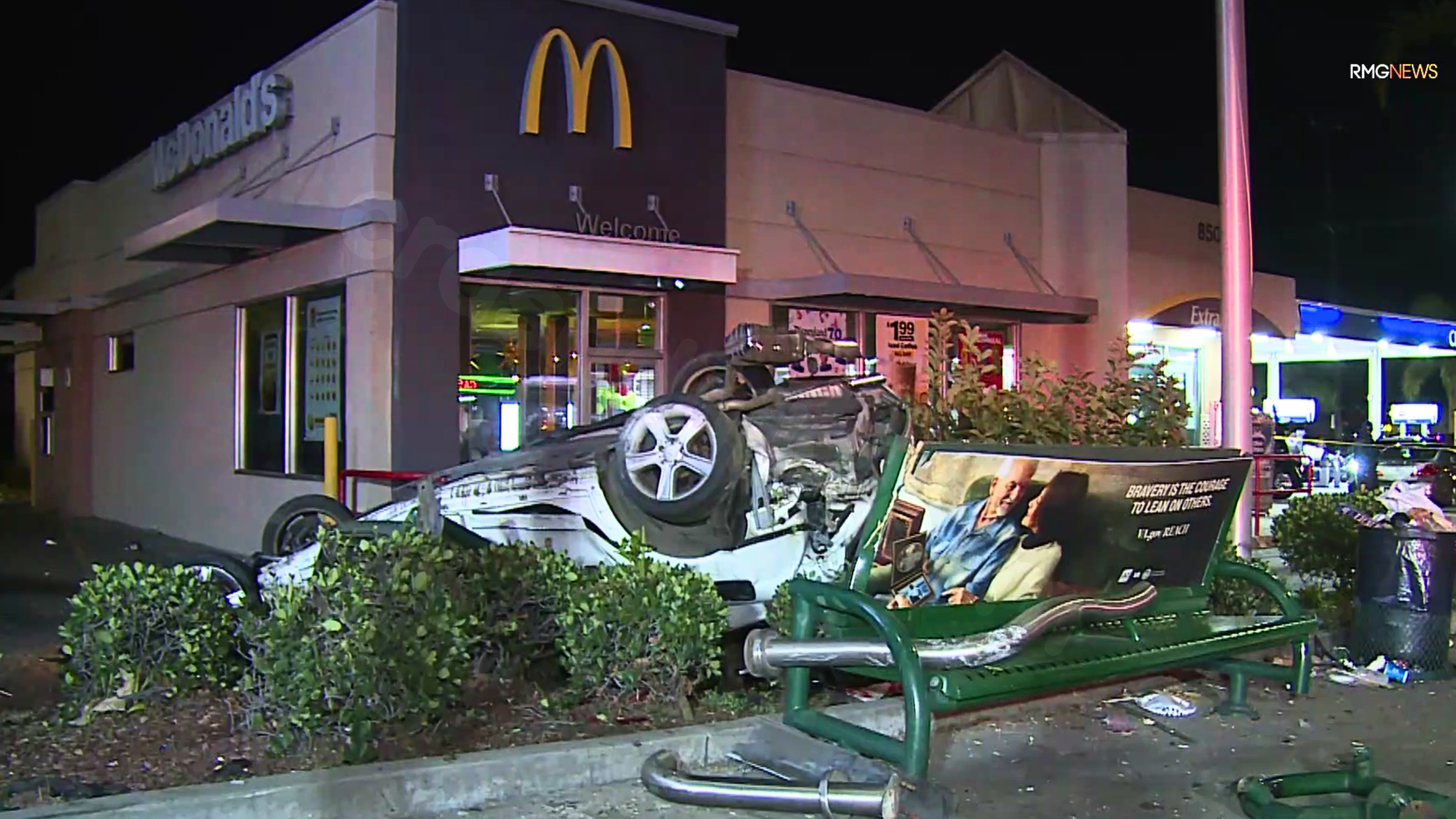 Car speeding into bus stop flips into California McDonald’s drive-thru