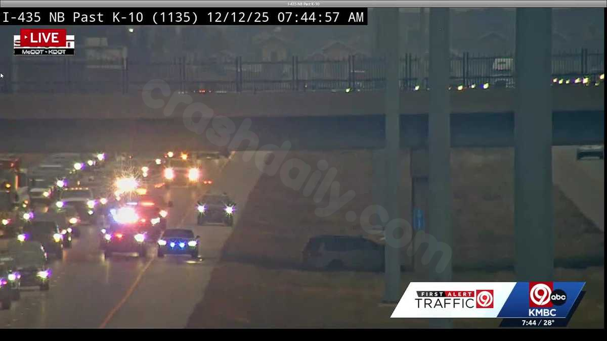 Fatality on I-435 near 95th Street due to vehicle hitting bridge pillar.