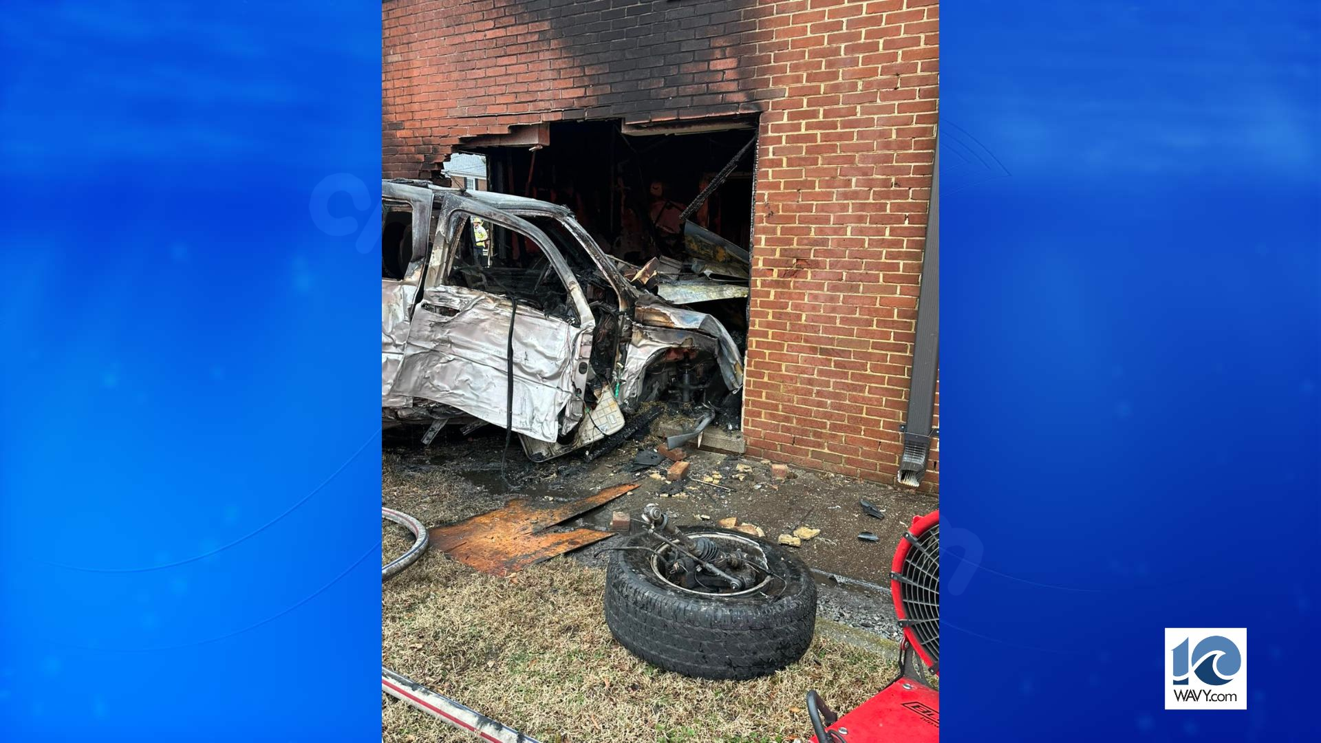 Driver severely hurt in Suffolk crash, sparking building fire