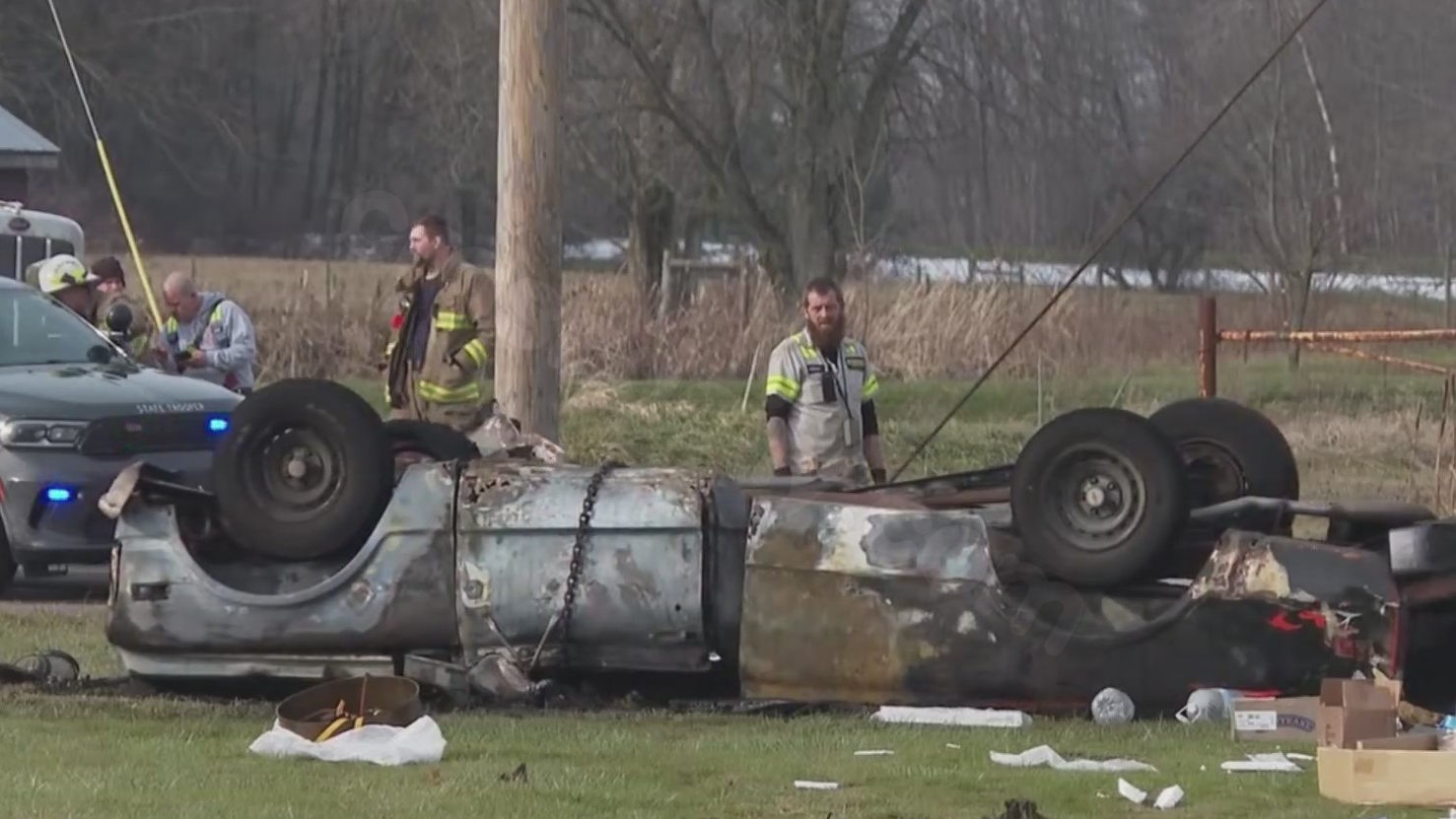 Three people severely injured in a blazing rollover accident on Route 87 in Middlefield Township