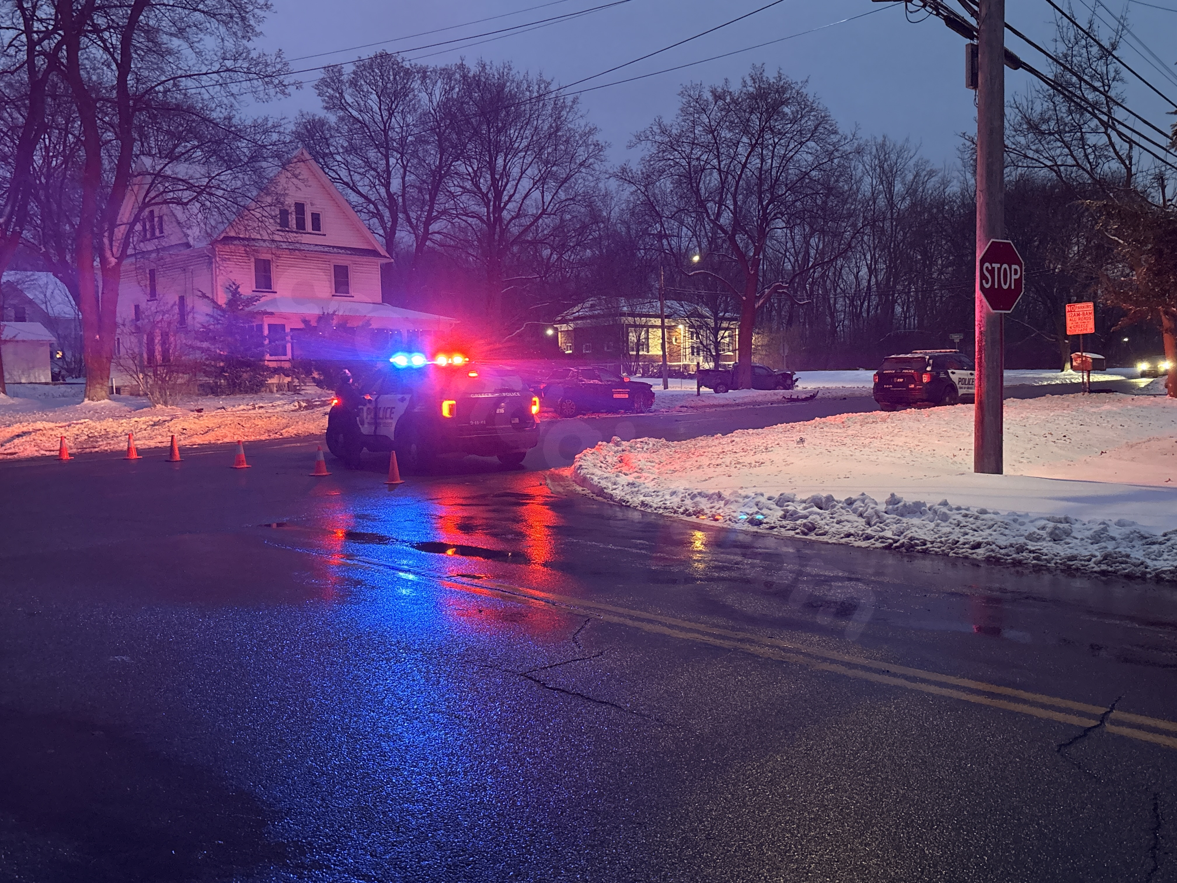 Road block on Elmgrove Road in Greece after collision
