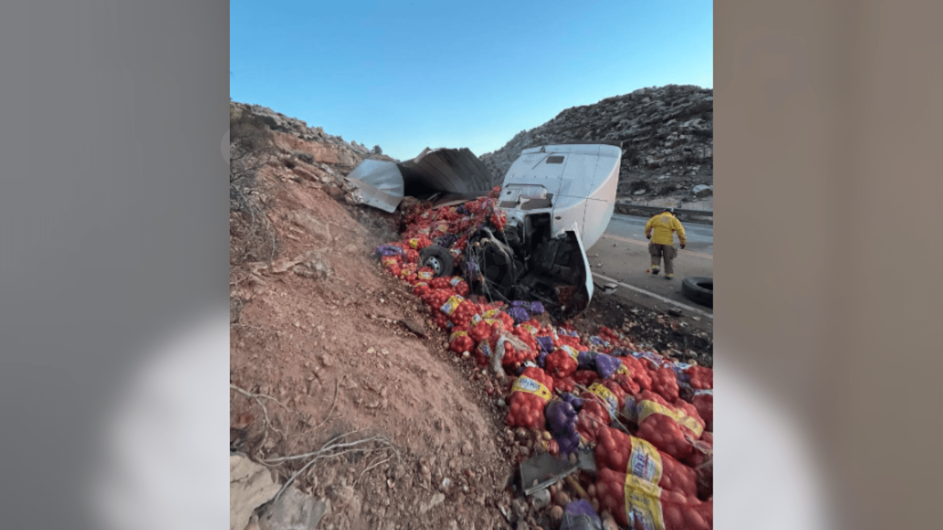 Onions scatter on road after truck crash by Moab