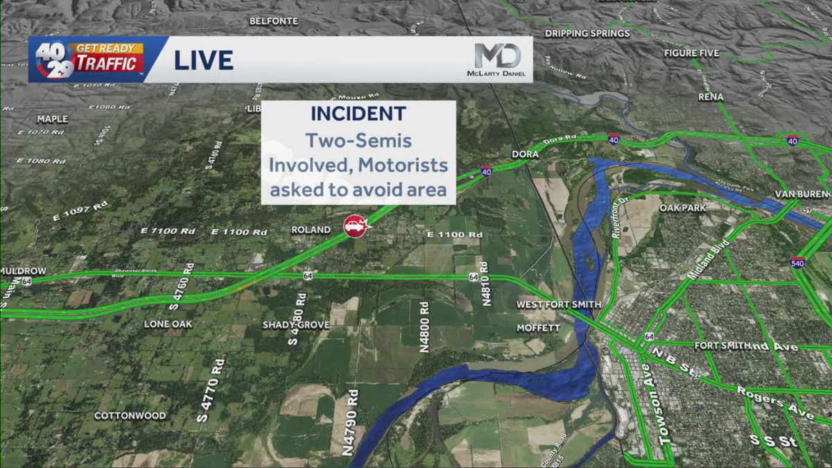 Authorities redirecting traffic on I-40 near Roland due to twin semi-truck collision