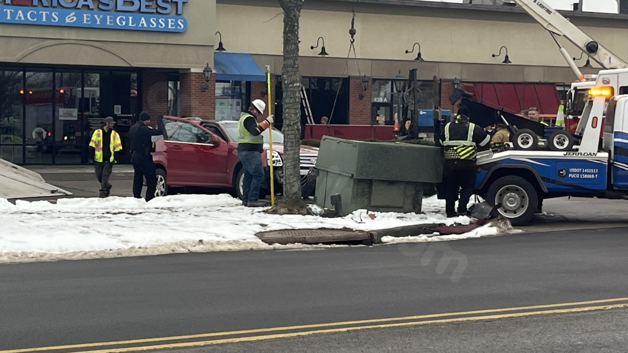Vehicle collides with power box at Boardman Park shops
