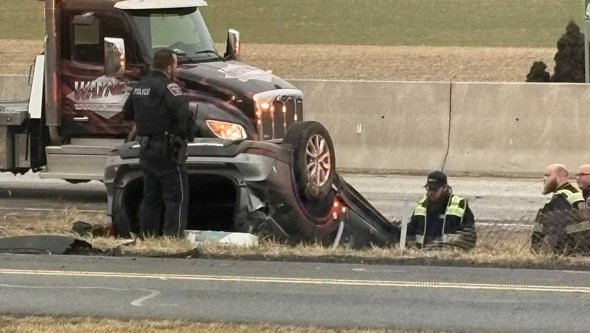 Vehicle flips on Route 283, leads to significant traffic delays in Lancaster County, Pennsylvania.