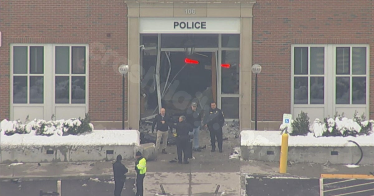 Vehicle collides with police station in Shrewsbury, MA.