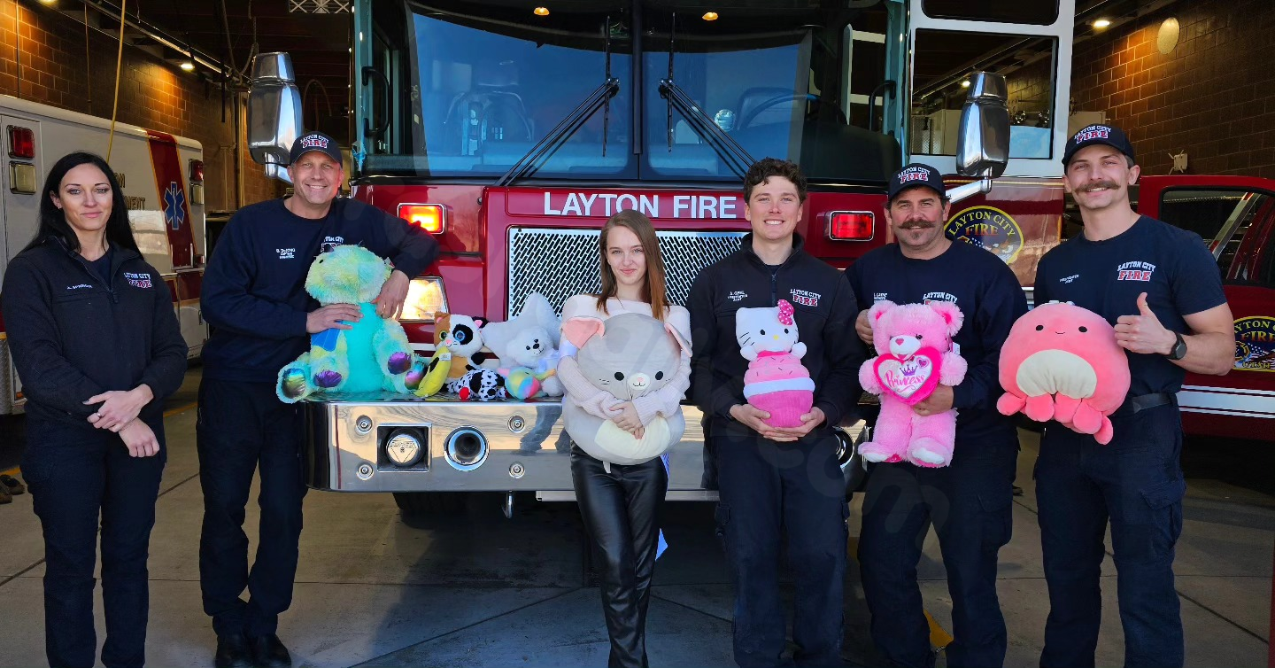 Miss Utah contestant donates stuffed animals to Layton Fire Dept. after surviving childhood car crash.