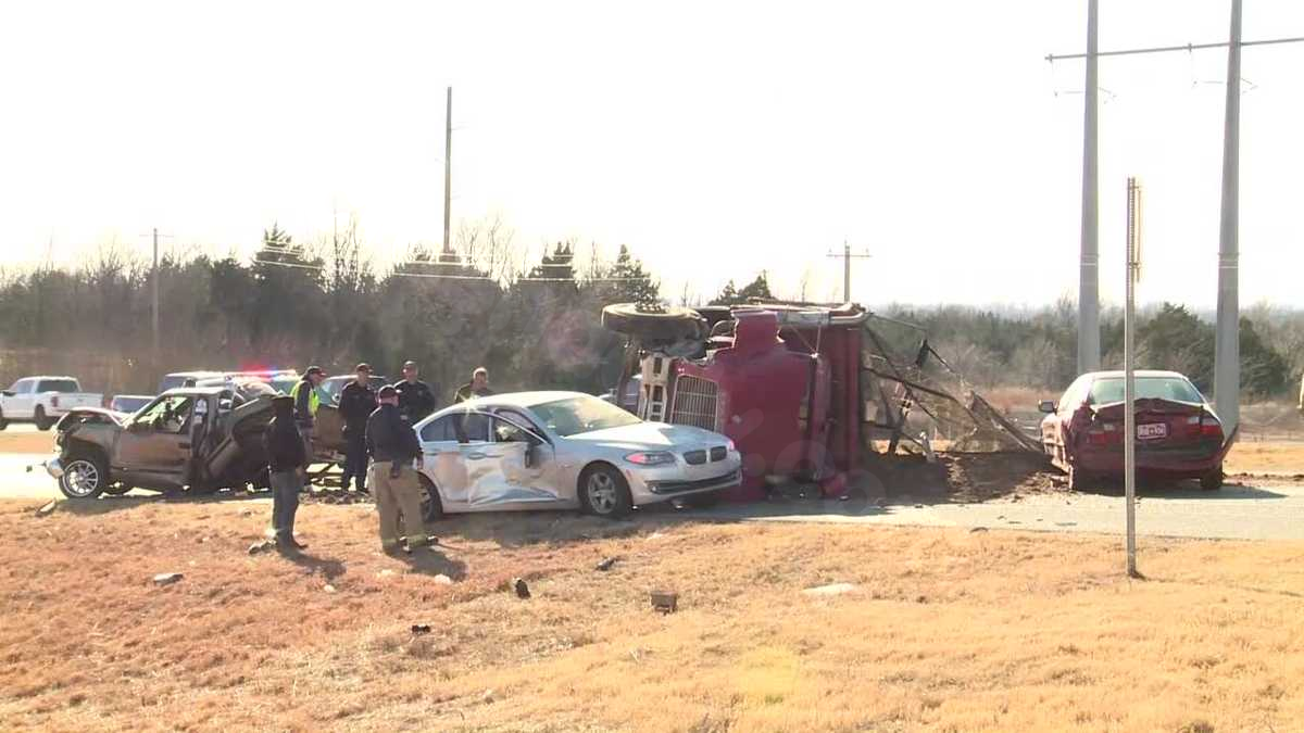 Four-vehicle accident leads to dirt truck flipping in southwest OKC