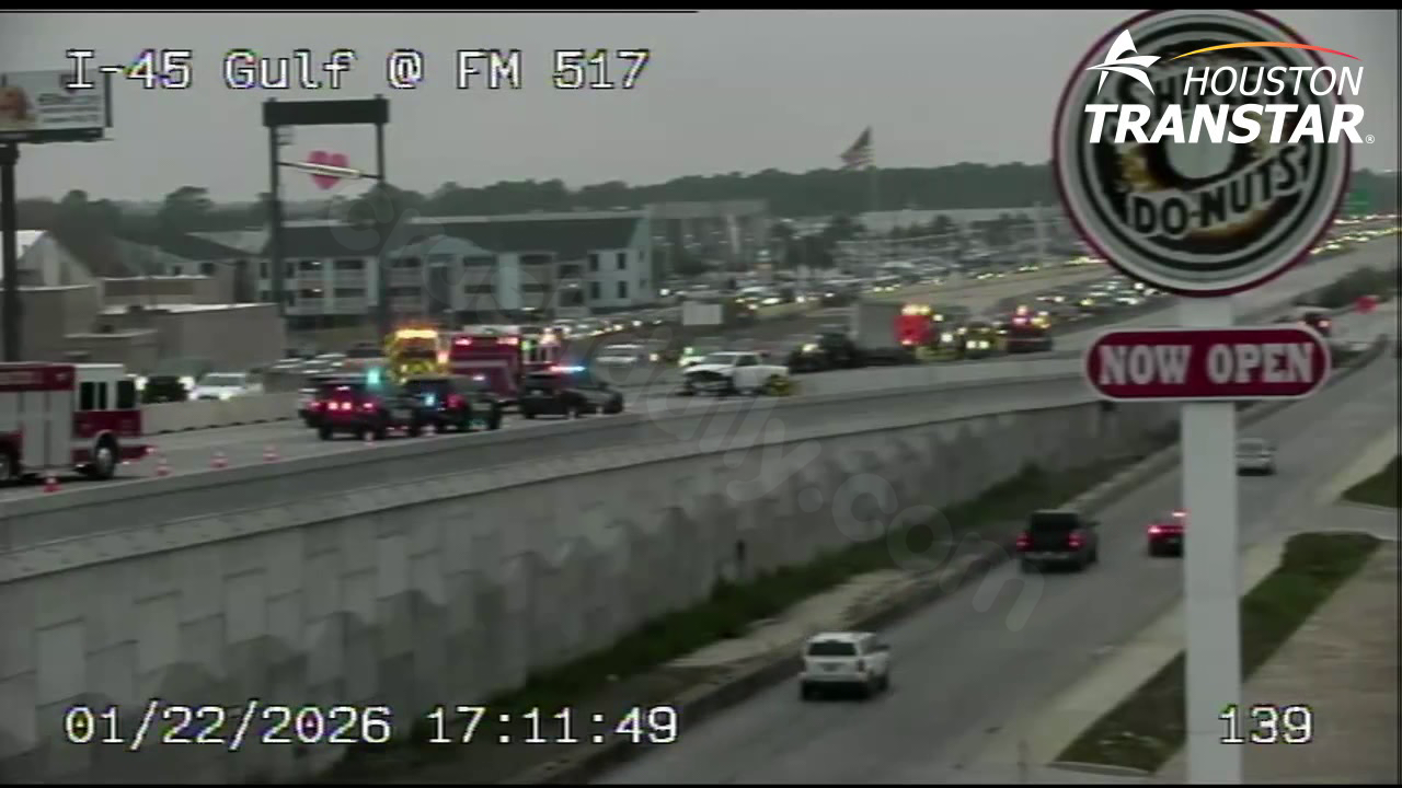 Roadway closure in Houston: IH-45 Northbound at FM 517 due to multi-vehicle accident