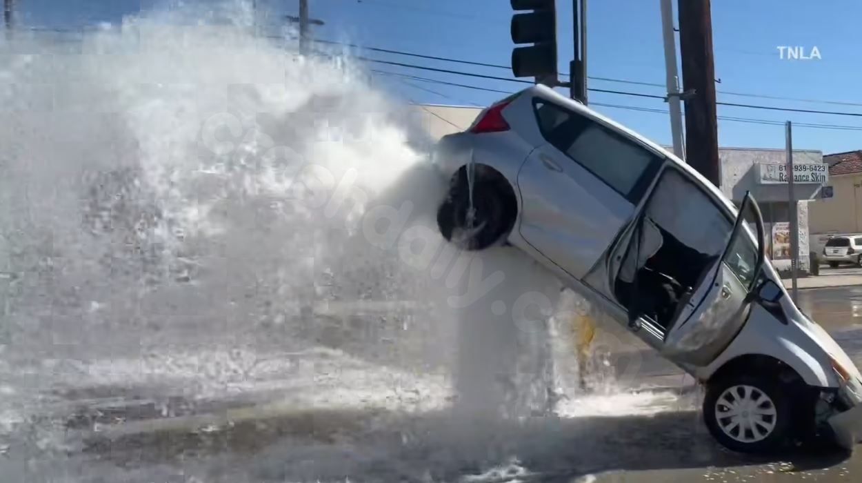 Driver crashes into hydrant in Panorama City, rushing waters lift car into the air