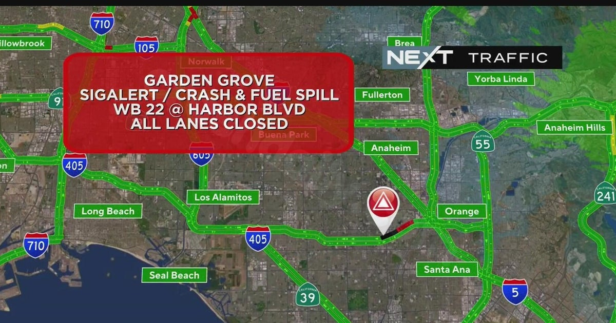 Fuel spill, crash closes all lanes of the westbound 22 Freeway in Garden Grove