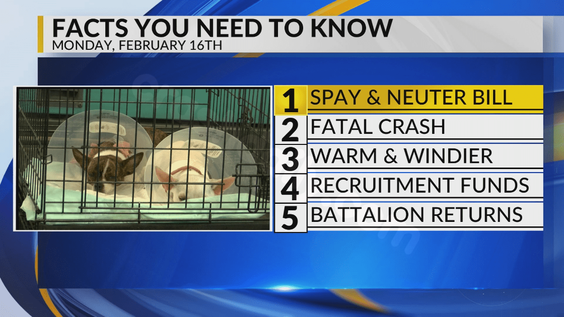 Spay and neuter bill, Santa Fe fatal crash, Warm and windy, Recruitment funds, Roswell battalion returns
