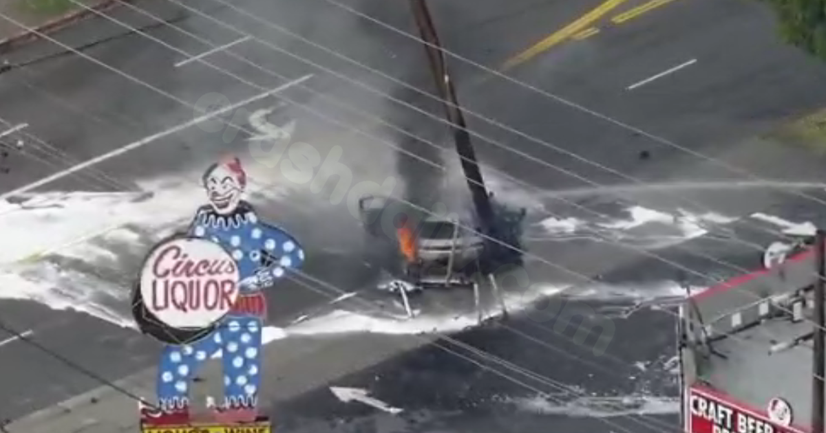 EV vehicle crashes into North Hollywood power pole, LAFD crews battle car fire