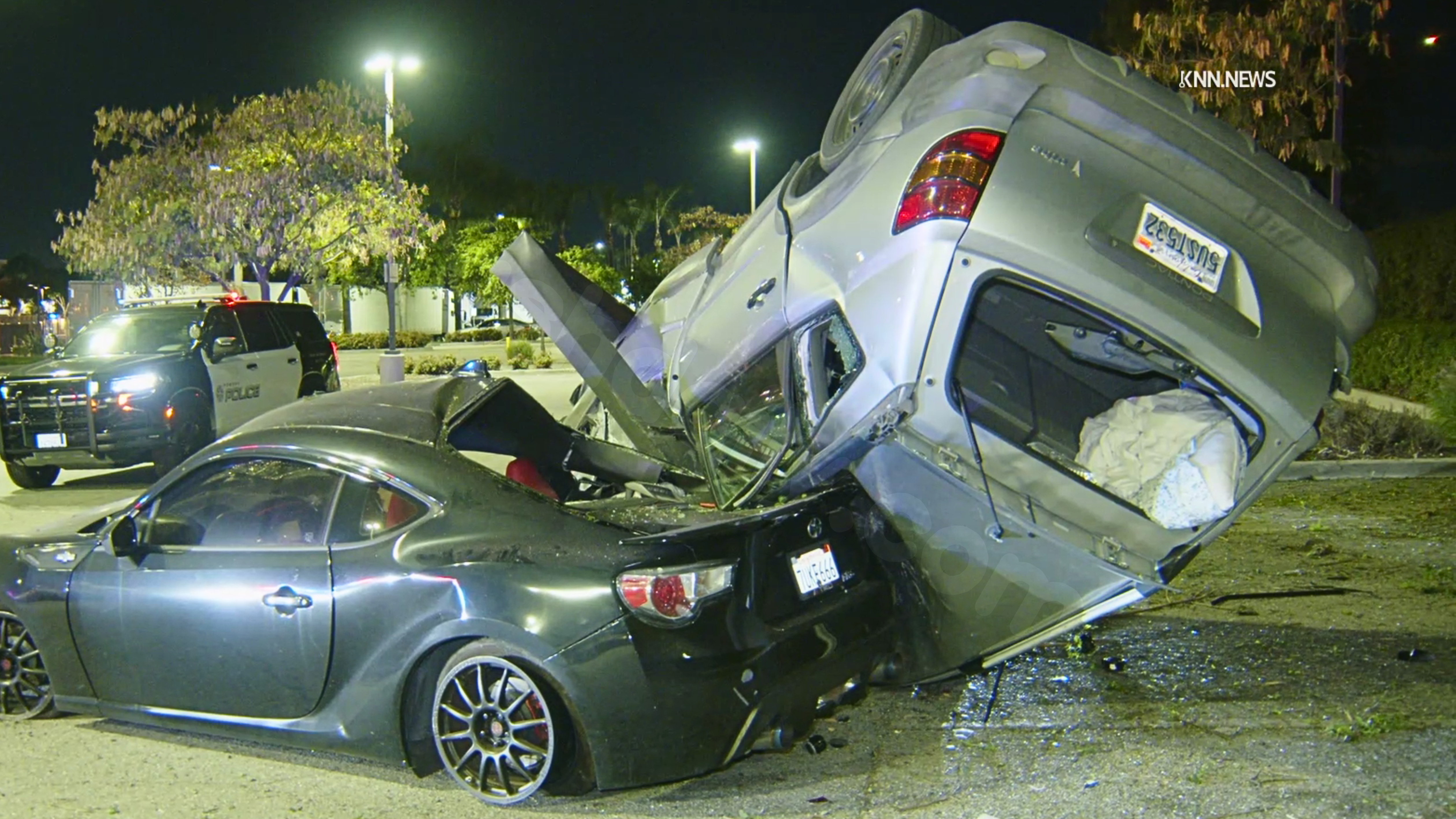 Pursuit ends when SUV flies off 10 Freeway, lands on parked car in Claremont